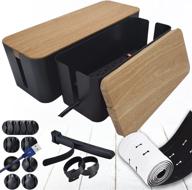 🔌 cable management box organizer set (pack of 2) - 15 pcs configuration set - enhanced anti-skid design - large & medium black boxes with wooden-style lid - conceals, covers, and organizes cords, wires, power strip logo