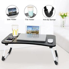 img 1 attached to 🛏️ Складной столик для ноутбука с подставкой для чашек - портативный стол для работы на коленях на диване, кровати, террасе, балконе, в саду - черный.