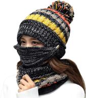 🧣 fanzero women's girls knit beanie scarf mask set: soft, warm, fleece-lined winter ski hat with pompom logo