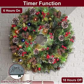 img 1 attached to 🎄 24 Inch Christmas Wreath with Timer - 80 Light Battery Operated Indoor Outdoor Decoration - Front Door, 220 Pine Branch, Pine Cones, Berries, Snowflakes - Colorful Xmas Wreath