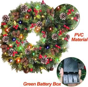 img 3 attached to 🎄 24 Inch Christmas Wreath with Timer - 80 Light Battery Operated Indoor Outdoor Decoration - Front Door, 220 Pine Branch, Pine Cones, Berries, Snowflakes - Colorful Xmas Wreath