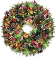 🎄 24 inch christmas wreath with timer - 80 light battery operated indoor outdoor decoration - front door, 220 pine branch, pine cones, berries, snowflakes - colorful xmas wreath logo