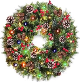 img 4 attached to 🎄 24 Inch Christmas Wreath with Timer - 80 Light Battery Operated Indoor Outdoor Decoration - Front Door, 220 Pine Branch, Pine Cones, Berries, Snowflakes - Colorful Xmas Wreath