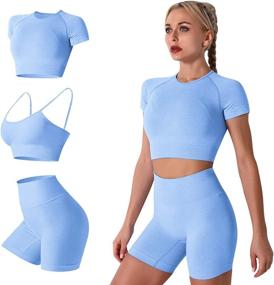 img 4 attached to Women's Seamless Yoga Outfits: 2 Piece Workout Set with Crop Top and High Waisted Running Shorts - Stylish Activewear for Effortless Fitness