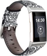 stylish floral print leather bands for fitbit charge 4/3/3 se – genuine leather wide replacement straps for men and women, black white paisley design logo