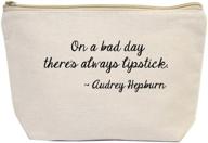 💄 jules small organic cotton cosmetic pouch featuring zipper closure and inspirational quote by audrey hepburn – 'lipstick always brightens up a gloomy day' logo