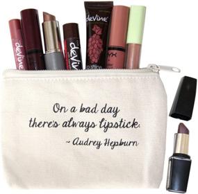 img 1 attached to 💄 Jules Small Organic Cotton Cosmetic Pouch featuring Zipper Closure and Inspirational Quote by Audrey Hepburn – 'Lipstick Always Brightens Up A Gloomy Day'