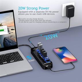img 1 attached to 💡 Apanage USB 3.0 Хаб, 8 портовый сплиттер с 7 портами передачи данных и 1 портом для интеллектуальной зарядки, индивидуальное включение/выключение, 5V/4A адаптер питания - USB удлинитель для MacBook, Mac Pro...