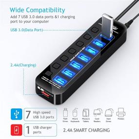 img 2 attached to 💡 Apanage USB 3.0 Hub, 8 Port Splitter with 7 Data Ports and 1 Smart Charging Port, Individual On/Off, 5V/4A Power Adapter - USB Extension for MacBook, Mac Pro...