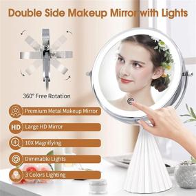img 3 attached to 💡 Rechargeable 8 inch Lighted Makeup Vanity Mirror, 10X Magnifying Mirror with Lights, Double Sided Light Up Mirror with 3 Color Lighting, Touch Control 360°Rotation Tabletop Cosmetic Mirror