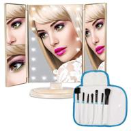 💄 portable trifold led lighted makeup mirror with 3 magnification options - includes 7 makeup brushes, touch screen switch, dual power supply, and 180 degree rotation logo