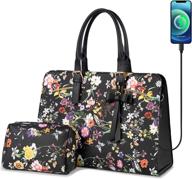 👜 stylish laptop bag for women: large capacity waterproof pu leather briefcase with usb charging port - perfect for 15.6 inch computers, work, and travel - fashionable black flower design - 2pcs set logo