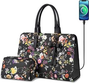 img 4 attached to 👜 Stylish Laptop Bag for Women: Large Capacity Waterproof PU Leather Briefcase with USB Charging Port - Perfect for 15.6 Inch Computers, Work, and Travel - Fashionable Black Flower Design - 2pcs Set