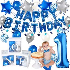 img 2 attached to 🎈 72Pcs Baby Boy First Birthday Balloon Box Decorations - Including White Transparent Boxes, Baby Blue Silver Grey Balloons, 40 Inch Foil Balloons, 18 Inch 'HAPPY BIRTHDAY' Foil Balloon, and Hanging Swirls. Perfect for Birthday Photo Shoot Props and 1st Birthday Party Celebration.