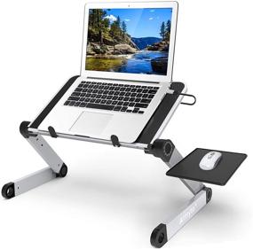 img 3 attached to 💻 Adjustable Height Laptop Stand for Desk - Foldable Lap Table with Cooling Fan & Mouse Pad - Lightweight Portable Computer Riser for 15.6 Inch Notebook - Ideal for Home Office, Sofa, Couch, and Bed