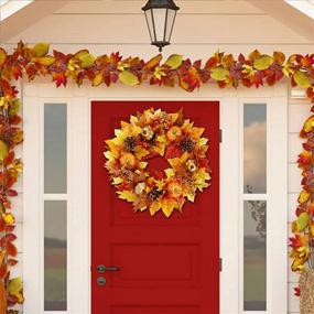 img 1 attached to 🎃 17-Inch Fall Wreath, Artificial Maple Leaf and Pumpkin Decorations, Autumn Harvest Wreath with Pine Cone and Berries for Halloween and Thanksgiving Indoor & Outdoor Décor