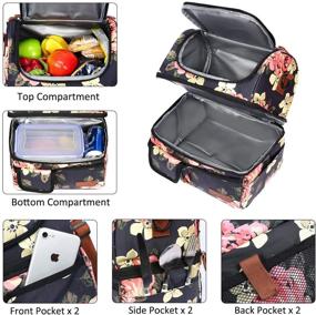 img 2 attached to 👜 Lunch Bags for Women: Double Deck Insulated Lunch Box with Removable Shoulder Strap - Black Peony