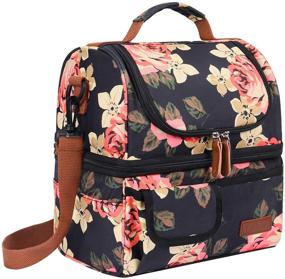 img 4 attached to 👜 Lunch Bags for Women: Double Deck Insulated Lunch Box with Removable Shoulder Strap - Black Peony