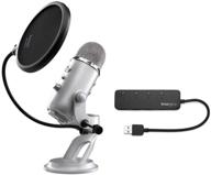 blue yeti usb microphone (silver) with knox gear pop filter and usb hub – complete bundle (3 items) logo