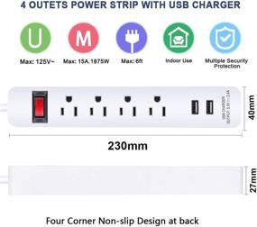 img 3 attached to Дополнительная полоса питания ExtraStar с 4 розетками, 2 USB-зарядкой, удлинителем на 6 футов, плоским штекером, защитой от перегрузки, 14AWG 15A 125V, сертифицирована ETL - идеально подходит для iPhone, iPad, ноутбука, домашнего офиса, круизного корабля - белого цвета