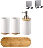 jiweimo 4 piece ceramic bathroom accessories set: soap dispenser, toothbrush holder, tumbler & wooden tray - version 2.0 logo