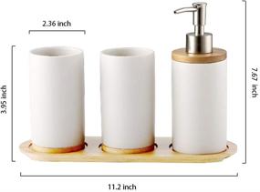 img 2 attached to JIWEIMO 4 Piece Ceramic Bathroom Accessories Set: Soap Dispenser, Toothbrush Holder, Tumbler & Wooden Tray - Version 2.0