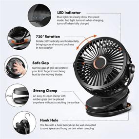 img 2 attached to 👶 Portable 10000mAh Clip on Fan with USB Rechargeable Battery-Operated & Hook - 3 Speeds, 4 Modes, 6 Inch Size, 360° Rotation - Ultra-Quiet Desk/Stroller Fan for Baby - Black Ezire