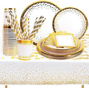img 4 attached to Gold Party Supplies Set - Disposable Paper Dinnerware for 24 Guests - White & Gold Plates, Napkins, Cups, Straws, Tablecloth, Confetti - Ideal for Weddings, Bridal Showers, Brunch, Birthdays & Baby Showers