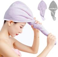 💆 ultra absorbent hair drying towel set for women - 2 pack, microfibre hair towel wrap with button - fast drying hair hat - perfect for curly, long, thick hair (gray & purple) logo