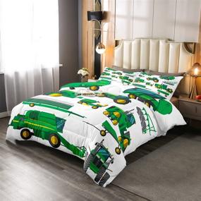 img 4 attached to Construction Vehicle Comforter Set for Boys - Excavator Down Comforter Twin, Green Equipment Trucks Duvet Set for Kids, Construction Tractor Theme Quilt Set for Bedroom Decor