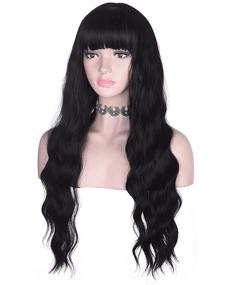 img 3 attached to AMZCOS Long Wavy Black Wig with Bangs for Women - Heat Resistant Synthetic Hair Wig for Stylish Daily Use (Black)