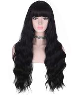 amzcos long wavy black wig with bangs for women - heat resistant synthetic hair wig for stylish daily use (black) logo
