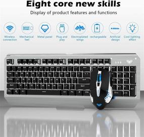img 3 attached to 💻 Перезаряжаемый беспроводной комплект клавиатуры и мыши с синим светодиодным подсветкой клавиш двухцветный металлический панелью - Мышь с оптической подсветкой 4 цвета LED - Эргономичный 2,4 ГГц беспроводной USB набор для ноутбуков ПК (Белый)