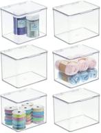 📦 mdesign stackable plastic craft, sewing, crochet storage container bin: compact organizer for thread, beads, ribbon, glitter, clay - 6 pack - clear with attached lid logo