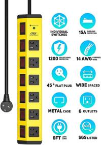 img 3 attached to ⚡ CRST Eco-Friendly Стрип-розетка с индивидуальными переключателями, плоским вилкой, и 6-розеточной металлической противоударной защитой (1200 Джоулей), кабелем 14AWG длиной 6 футов с креплением на липучке, оснащенная 15А автоматическим выключателем.