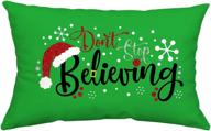 christmas decor throw pillow cover: festive green believe design with xmas hat - perfect for couch, sofa & home decoration - 12x20 inches linen cushion cover логотип