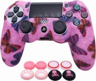 🦋 pink ps4 controller skins by ralan - silicone cover skin protector compatible with ps4 slim and ps4 pro controllers (pink pro thumb grip x 2, cat + skull cap & cover grip x 2) - butterfly pink edition logo