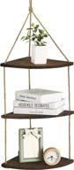 🌿 handmade dark brown 3 tier wood hanging corner shelf with swing rope, floating wall storage shelves for plants and decor логотип