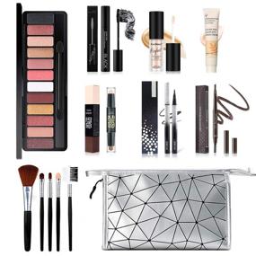 img 4 attached to Makeup Kit with 12 Colors Eyeshadow Palette, 5PCS Brush Set, Eyebrow Pencil, Eyeliner & Mascara, Contour Foundation Stick, Makeup Primer, Liquid Highlighter, and Cosmetic Bag Set