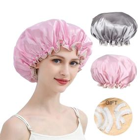 img 4 attached to 🚿 YIZIJIZI 2 Pack Reusable Shower Cap: Large Double Layer Waterproof Hair Caps for Women with Long Thick Hair - Pink & Grey