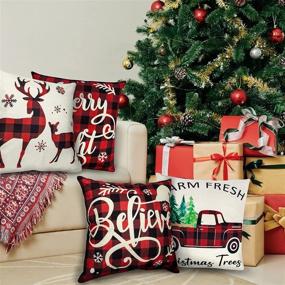 img 1 attached to 🎄 Наволочки для подушек Ouddy Farmhouse на Рождество - Праздничный 4 упаковки 18x18 дюймов с грузовиком, оленем, Счастливым и ярким - Красно-черные клетчатые наволочки для дивана и кресел для украшения.