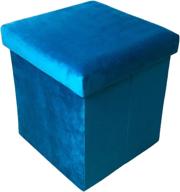 🪑 yifontin velvet blue folding storage ottoman cube box footrest stool with lid - 15 inch foam padded seat footstool for entryway bedside reading room, foldable foot stool. логотип