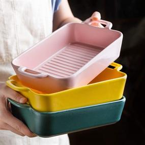 img 1 attached to 🍽️ MDZF SWEET HOME Ceramic Baking Dish with Handle, Yellow - Individual Roasting Lasagna Pan, Small Casserole Bakeware for Oven - Rectangular Dish