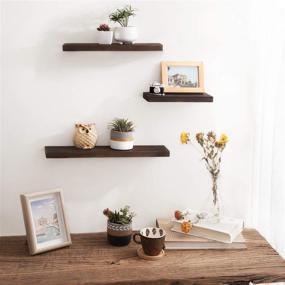 img 2 attached to 📸 Rustic Modern Mkono Floating Shelves Wood Wall Shelf Set of 3, Dark Brown - Ideal for Living Room, Bedroom, Bathroom Photo Display