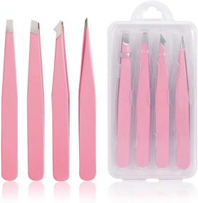 img 4 attached to Tirdkid 4-Piece Tweezers Set - Professional Stainless Steel Precision Tweezers for Eyebrows, Facial Hair, Ingrown Hair, Splinter, Blackhead and Tick Removal (PINK)