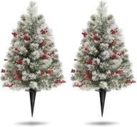 🎄 oasiscraft 24 inch outdoor christmas tree 2 set, pre-lit mini flocked christmas tree artificial pathway xmas tree with red berries, pine cones - porch holiday decor with 50 led lights logo