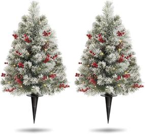 img 4 attached to 🎄 OasisCraft 24 Inch Outdoor Christmas Tree 2 Set, Pre-lit Mini Flocked Christmas Tree Artificial Pathway Xmas Tree with Red Berries, Pine Cones - Porch Holiday Decor with 50 LED Lights