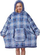 🧥 wearable sherpa fleece hoodie blanket sweatshirt, cozy and super soft throw for men and women, front pocket, one size fits all (blue plaid, reversible match color) логотип