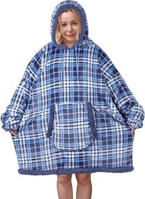 img 4 attached to 🧥 Wearable Sherpa Fleece Hoodie Blanket Sweatshirt, Cozy and Super Soft Throw for Men and Women, Front Pocket, One Size Fits All (Blue Plaid, Reversible Match Color)