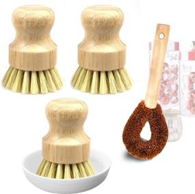 img 1 attached to 🧼 Bamboo Dish Scrub Brush Set - 3 Round Bamboo Dish Brushes and 1 Long Handle Sisal Pot Brush for Effective Pan, Pot, and Utensil Cleaning